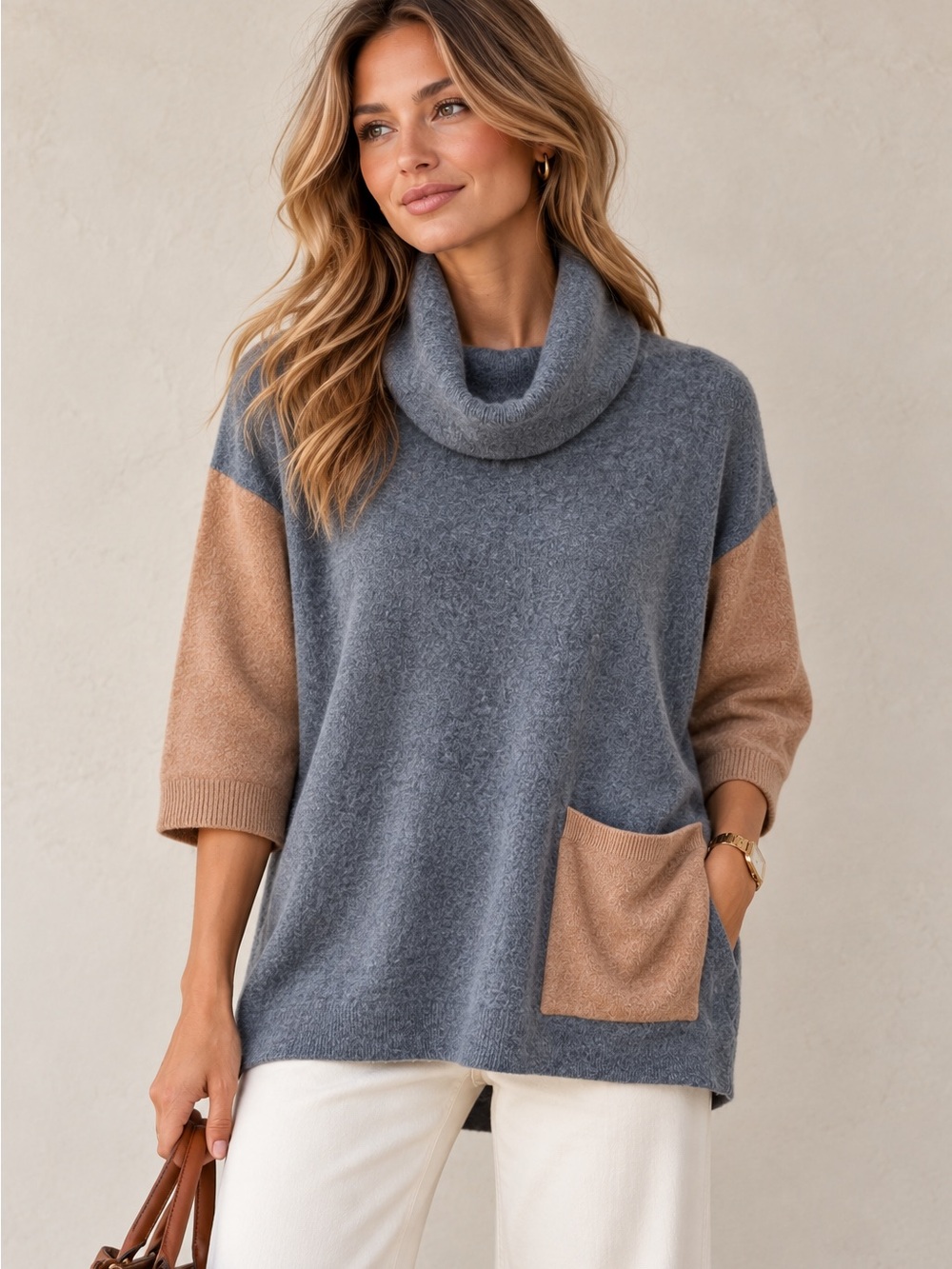 GARNET HILL 100% Cashmere SYLVIE Colorblock Cowl Neck Quiet Luxury Sweater M